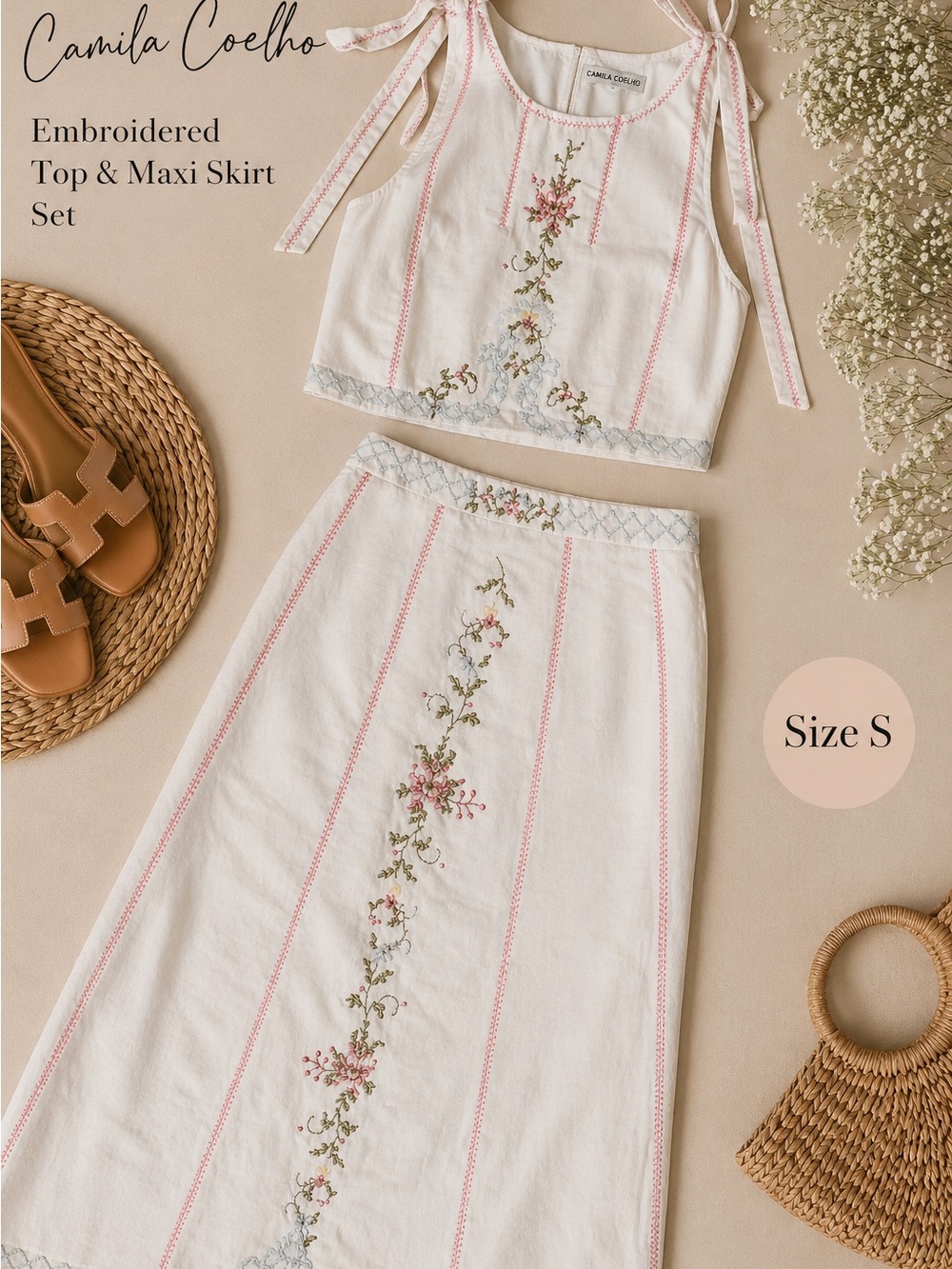 Camila Coelho Cream Embroidered Maxi Skirt with Pink & Green Accents. New!